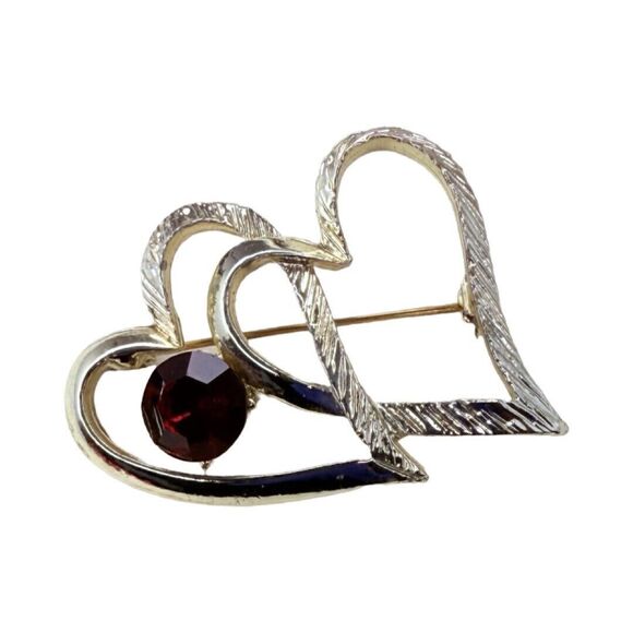 Vintage Red Crystal Double Heart Brooch 2" Valentine Love Silver Tone - Picture 8 of 15